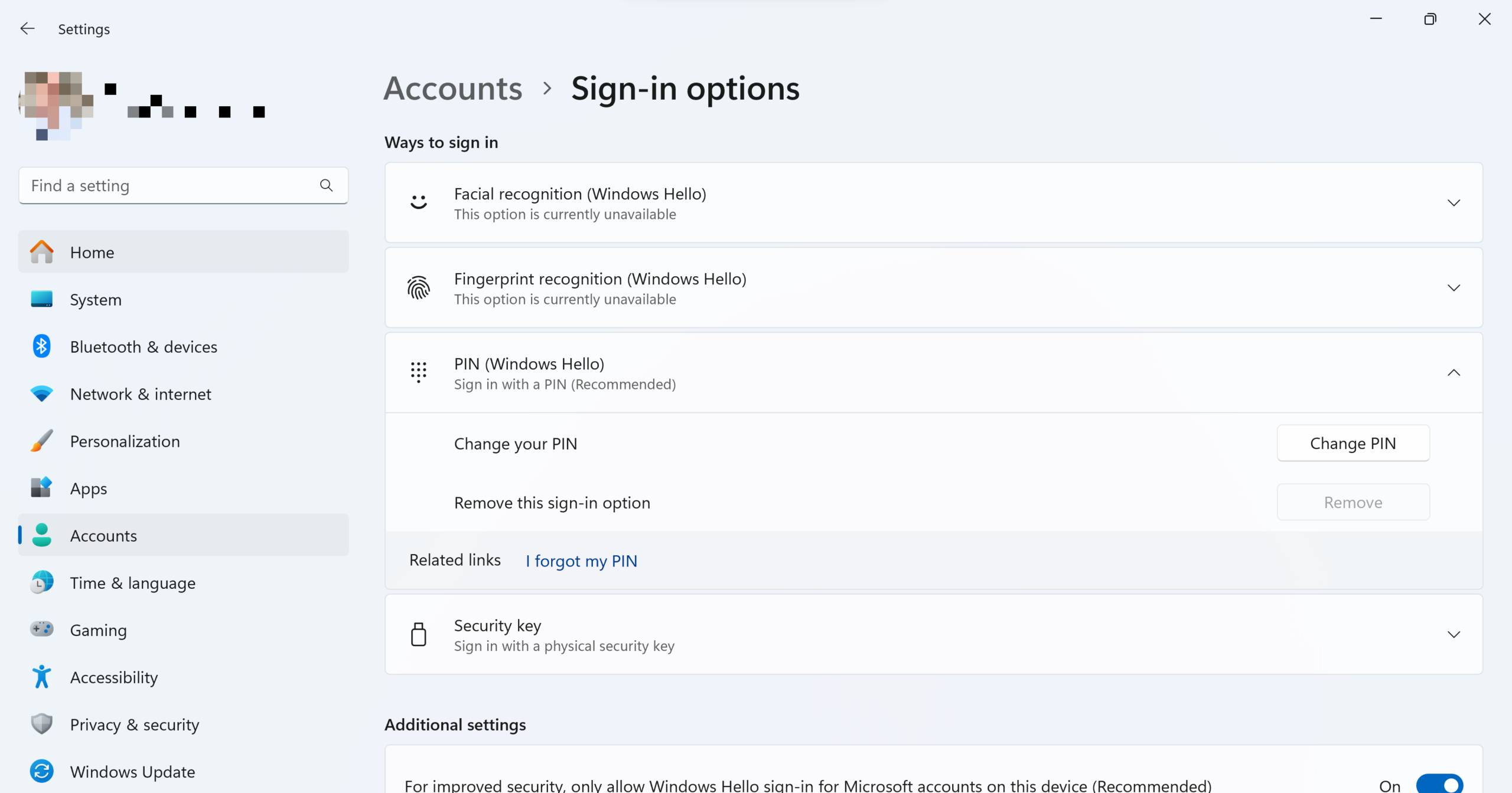 Picture of Sign-in options settings in Windows