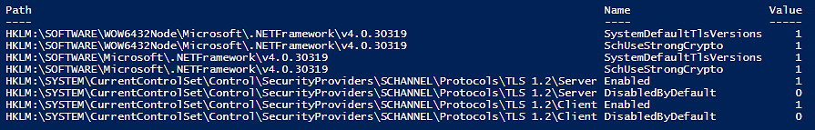 PowerShell example Output showing proper TLS1.2 configuration.