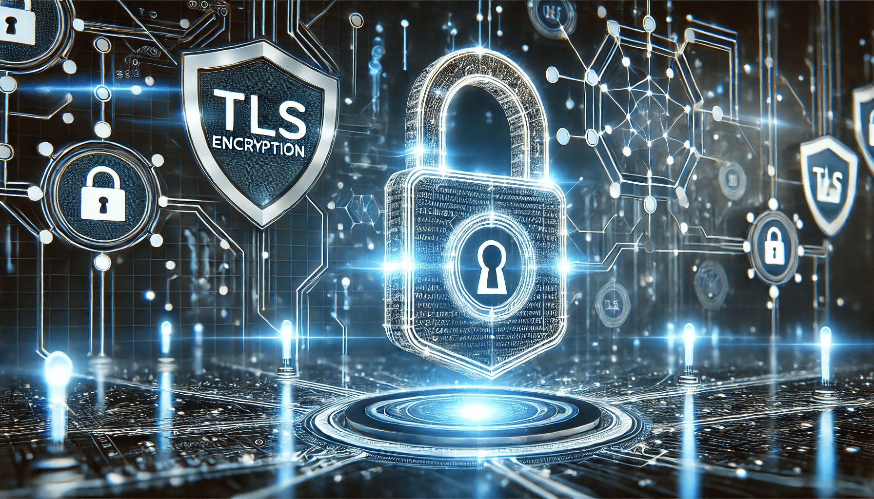 A glowing padlock with a shield icon, symbolizing TLS encryption, against a futuristic cyber network background with interconnected nodes and blue light streaks.