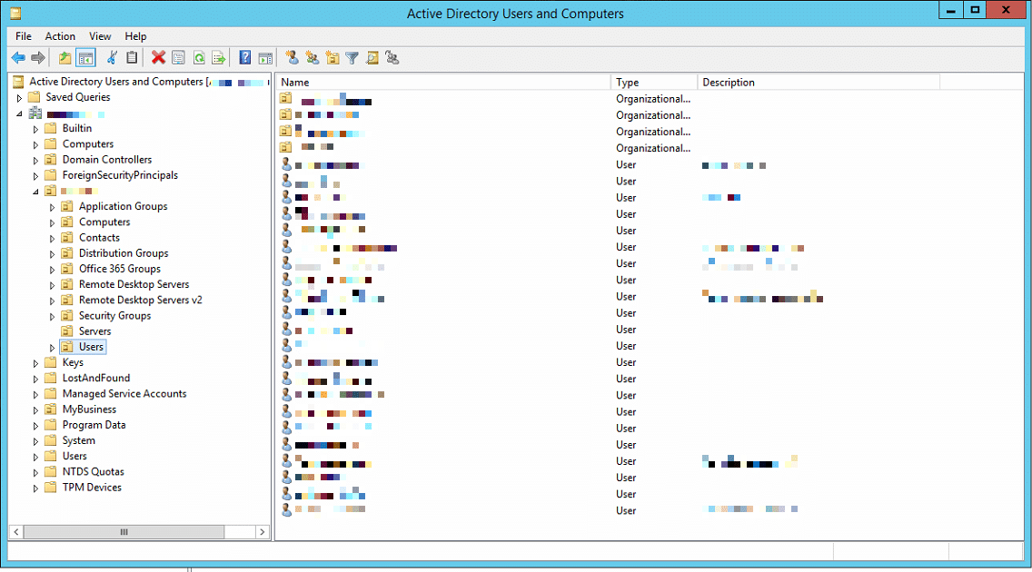 Screenshot of the Active Directory Users and Computers interface in Windows Server, showing organizational units, user accounts, and group memberships.