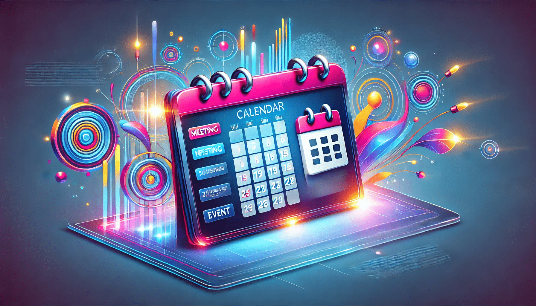 Illustration of a digital calendar on a computer screen surrounded by colorful abstract shapes, symbolizing technology, scheduling, and automation.