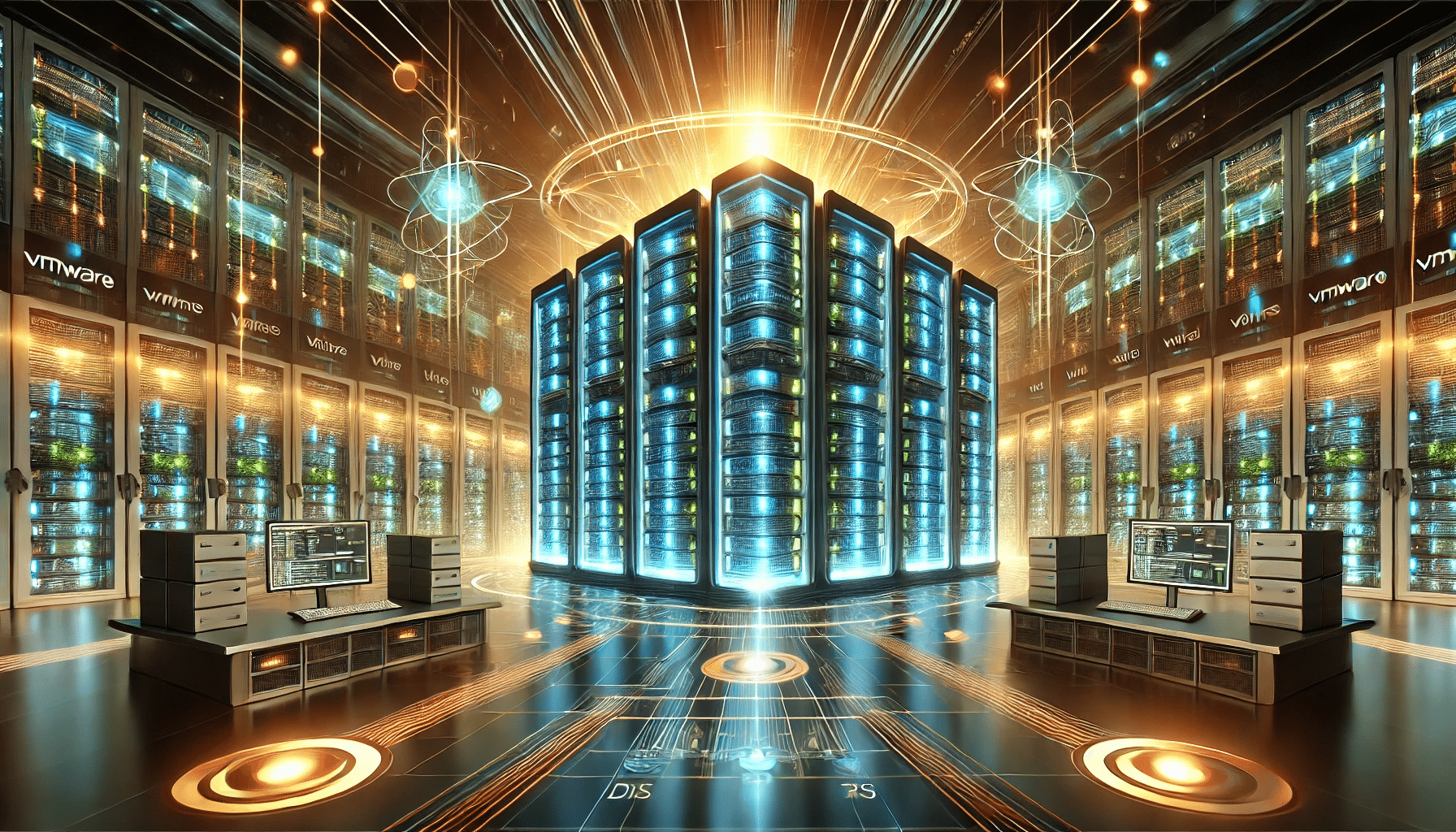 A futuristic data center, with interconnected servers dynamically balancing workloads through glowing energy flows and resource optimization visuals, all set in a sleek, modern environment.