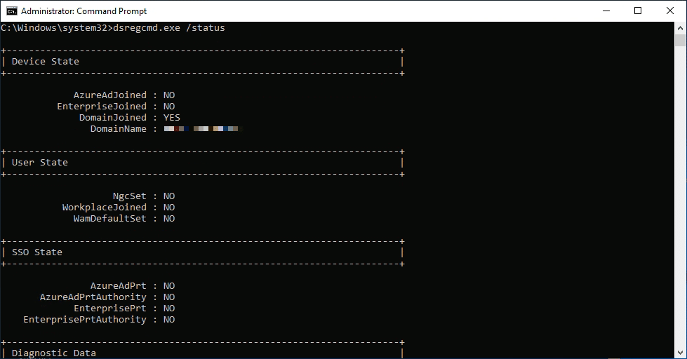 Screenshot of dnsregcmd.exe /status in Command Prompt.