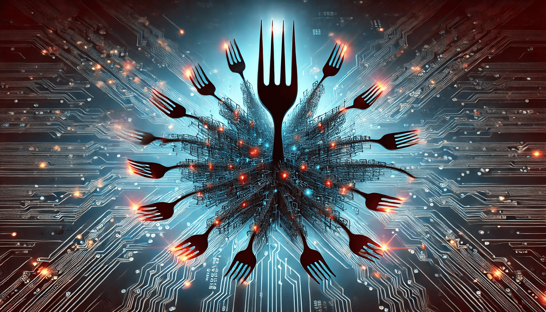 A conceptual illustration of a fork bomb with multiplying forks and a circuit board background, symbolizing uncontrolled process creation in a computer system.