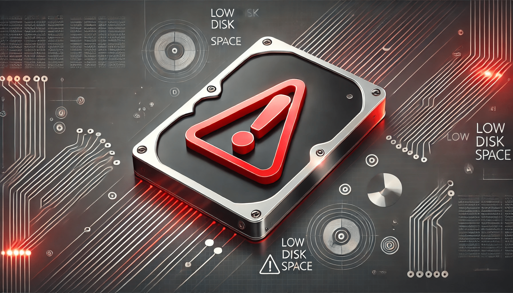 Illustration of a hard drive with a prominent red warning triangle indicating low disk space