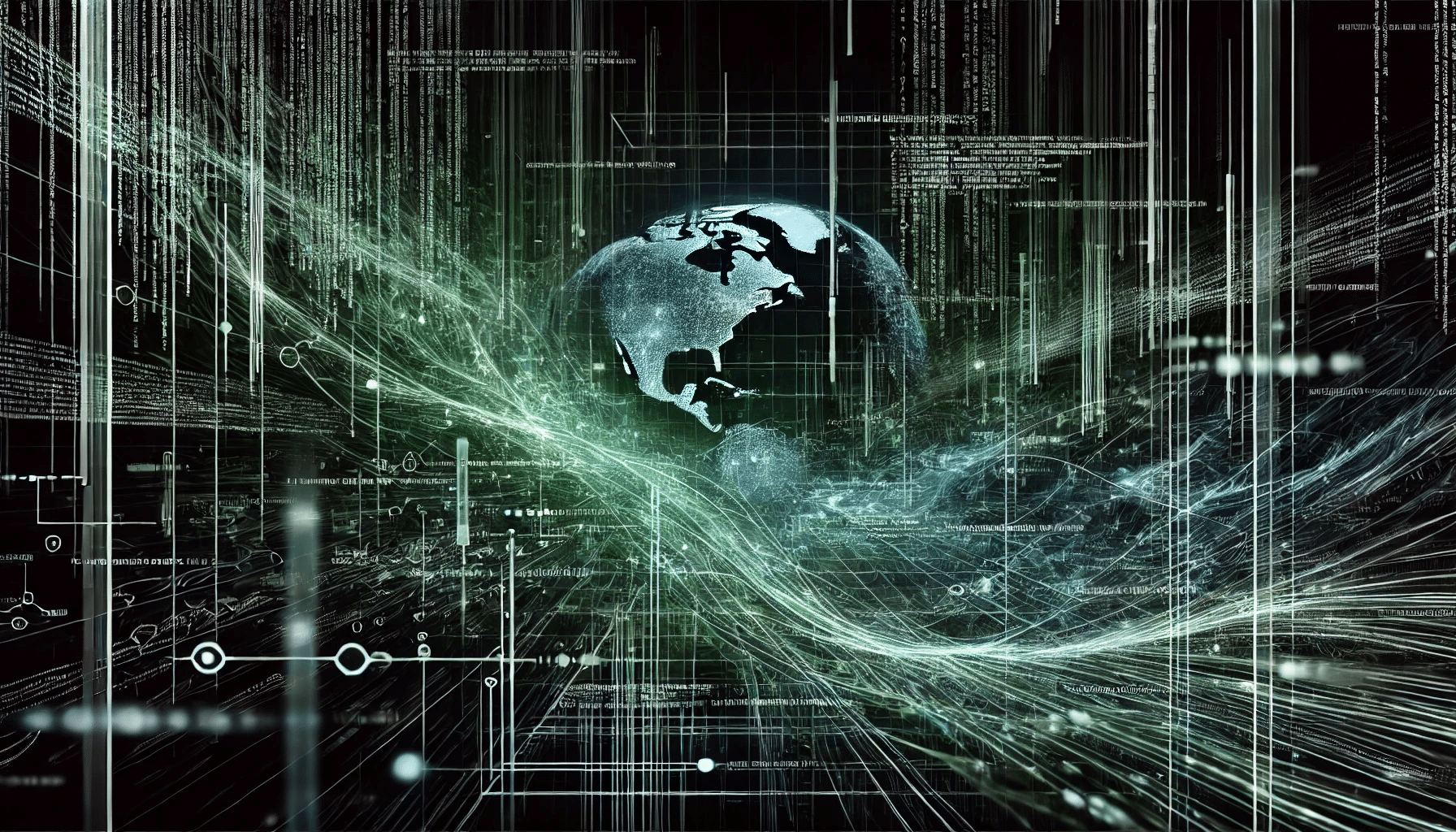 Matrix-style image with flowing green code lines and abstract network connections visualizing a digital internet network, featuring a cybernetic theme with dark tones and glowing green and blue highlights.