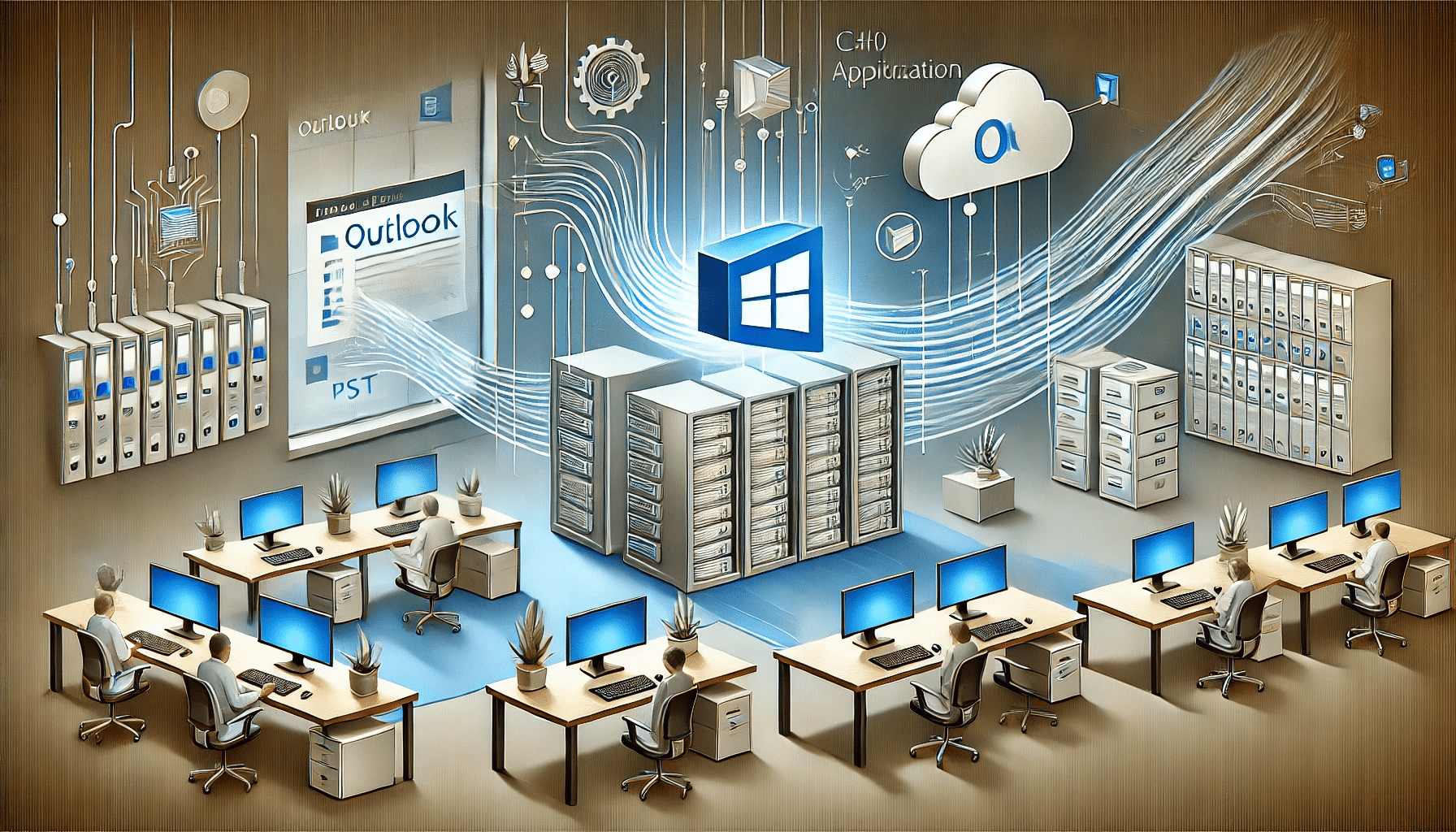 Illustration of IT administrators managing Outlook PST files, showing file paths flowing from user computers to a central server in a professional office setting with a modern and corporate design.