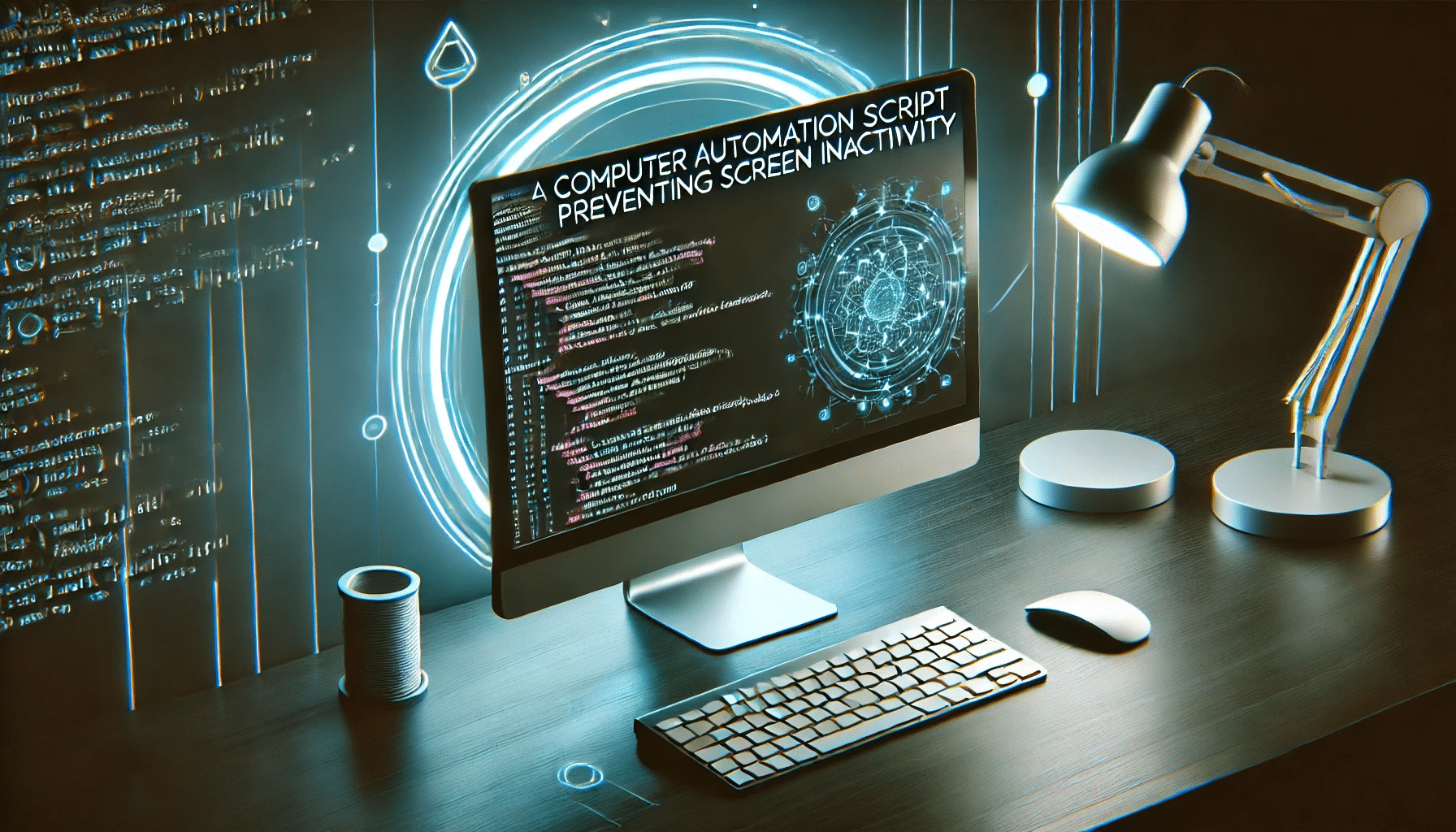 A high-tech workspace featuring a computer displaying an automation script to prevent screen inactivity, with a minimalist design and neon blue and green accents on a dark background.