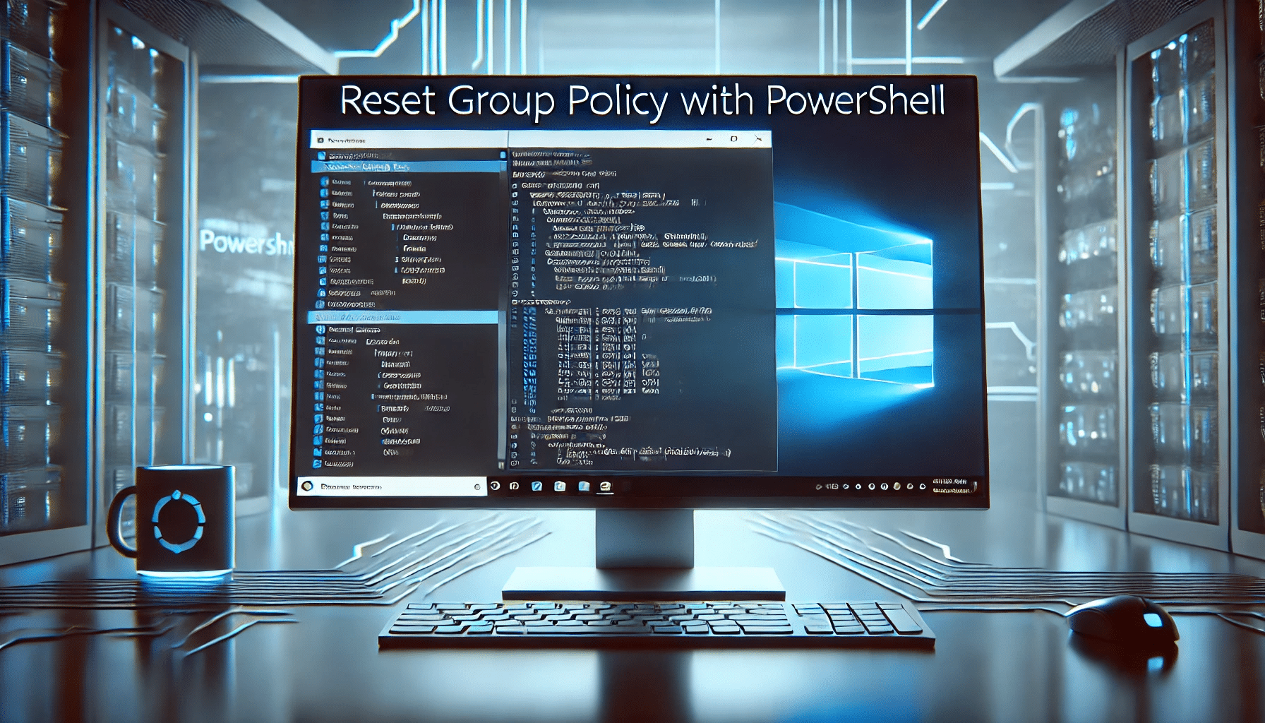 A modern, professional illustration of a Windows computer screen running a PowerShell console, designed for a tech blog about resetting Group Policy using PowerShell.