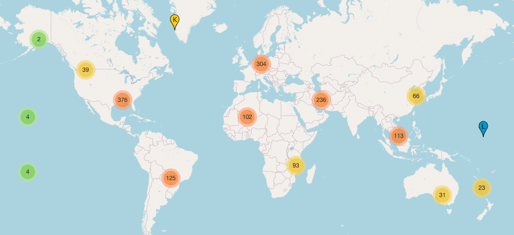 World map displaying the geographical locations of DNS root servers.